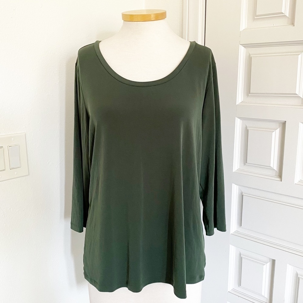 Susan Graver Olive Green Top Shirt 3/4 Sleeve Size Large